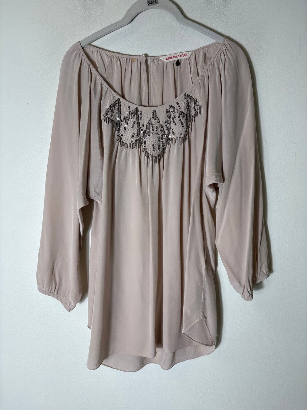 Rebecca Taylor Pinkish Tan Long Sleeve Beaded Silk Shirt Sz 2